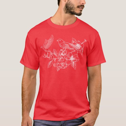 レトロな花と鳥の女性ガーデニング Tシャツ (正面)