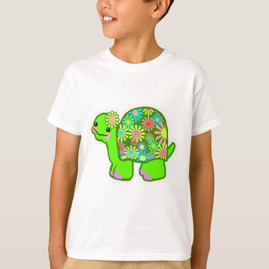 レトロな花の貝殻を持つかわいい緑の亀 –  Tシャツ (正面)