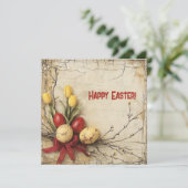 レトロな花束 赤と黄色のイースターエッグのチューリップ シーズンカード (スタンド正面)