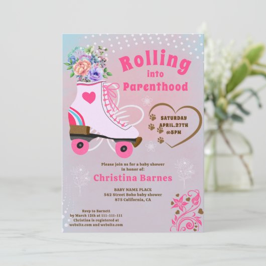 レトロな花柄のターコイズカラーのローラースケート ボーホー ベイビー シャワー 招待状 (スタンド正面)