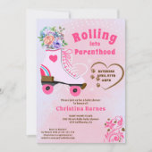 レトロな花柄のターコイズカラーのローラー スケート ボヘミア ベイビー シャワー 招待状 (正面)