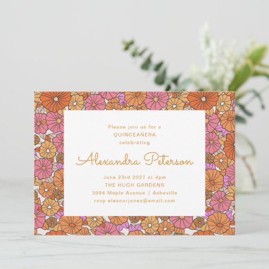レトロな花柄のフレーム オレンジ ピンクのキンセアニエラ 招待状 (スタンド正面)
