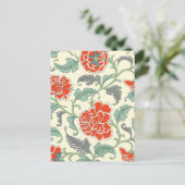 レトロな花柄の和風デザイン 赤とアイボリーと緑 ポストカード (スタンド正面)