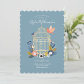 レトロな花柄の鳥かごのママと赤ちゃん鳥のシャワー 招待状 (スタンド正面)