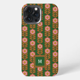 レトロな花柄、グリーン地にピンク iPhone 13 PRO MAXケース