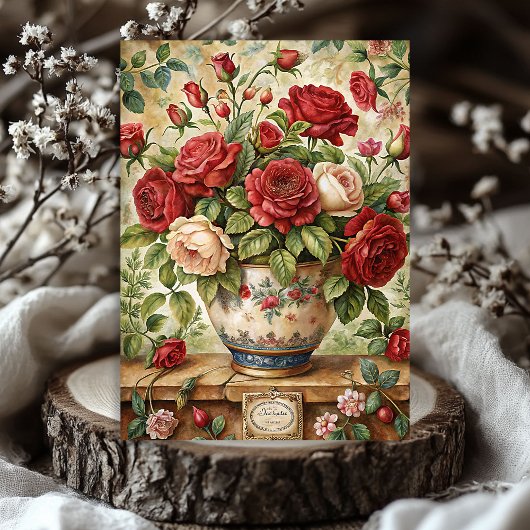 レトロな花瓶のヴィンテージみすぼらしい赤いバラの花束 薄葉紙