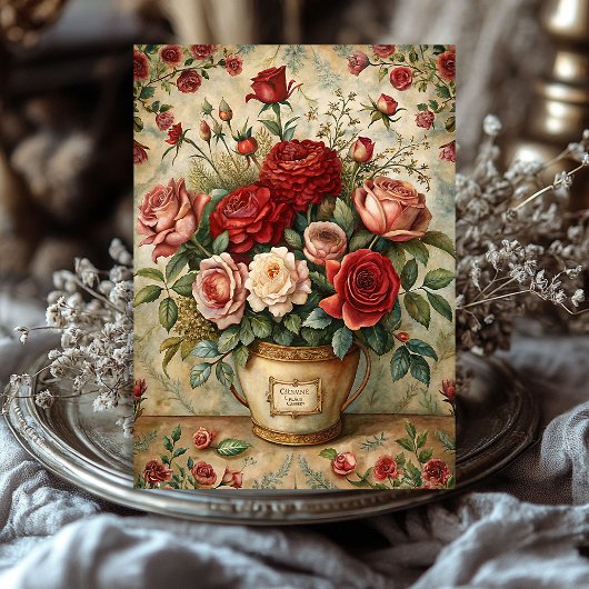 レトロな花瓶のヴィンテージみすぼらしい赤いバラの花束 薄葉紙