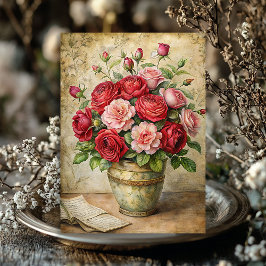 レトロな花瓶のヴィンテージみすぼらしい赤いバラの花束 薄葉紙