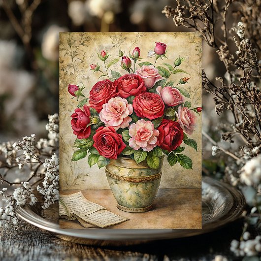 レトロな花瓶のヴィンテージみすぼらしい赤いバラの花束 薄葉紙