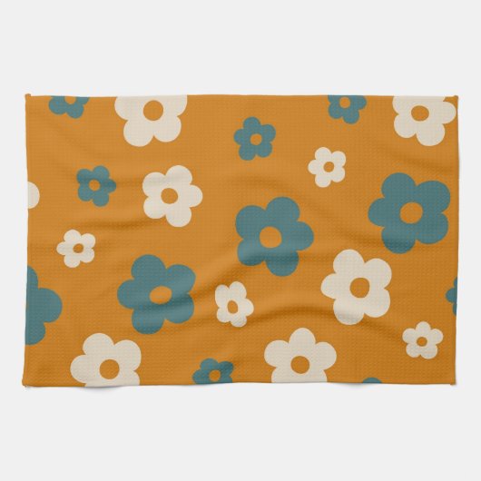 レトロな茶色と青の花柄が可愛らしいキッチン用品 キッチンタオル (横)