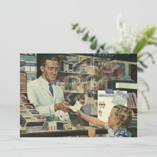 レトロな薬局、薬剤師さんと女の子 招待状 (スタンド正面)