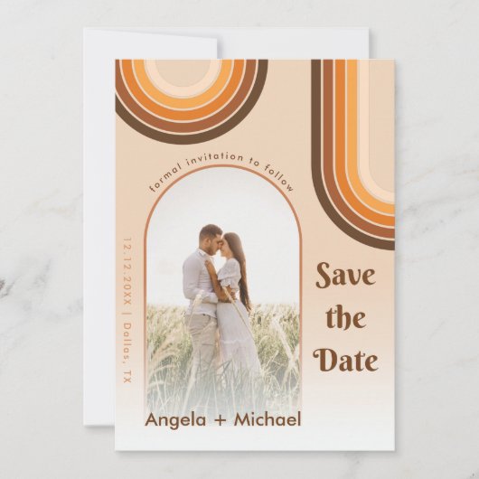 レトロな虹のアーched写真ボホ 70年代のグルーヴィートレンディ セーブザデート (正面)