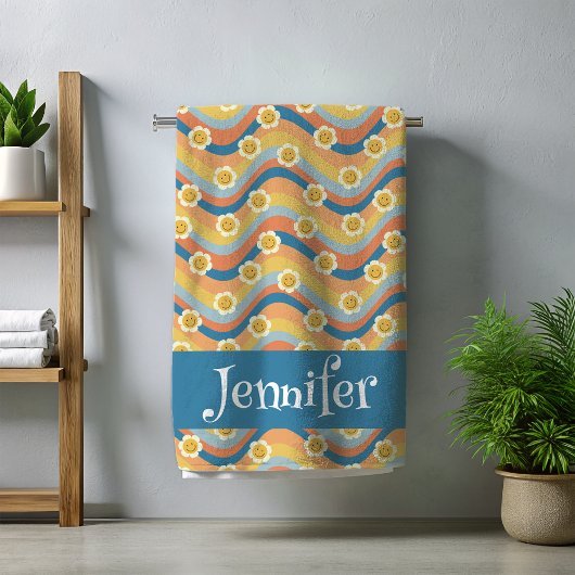 レトロな虹のスマイリーフェイスの花 ビーチタオル