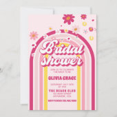 レトロな虹色のデイジー グルービー ピンクのブライズシャワー 招待状 (正面)