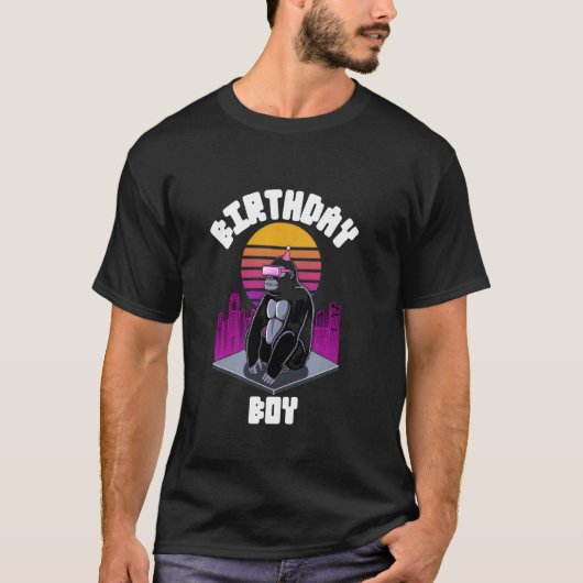 レトロな装飾 子供 サル 誕生日 タグ VR ゲーム Tシャツ (正面)