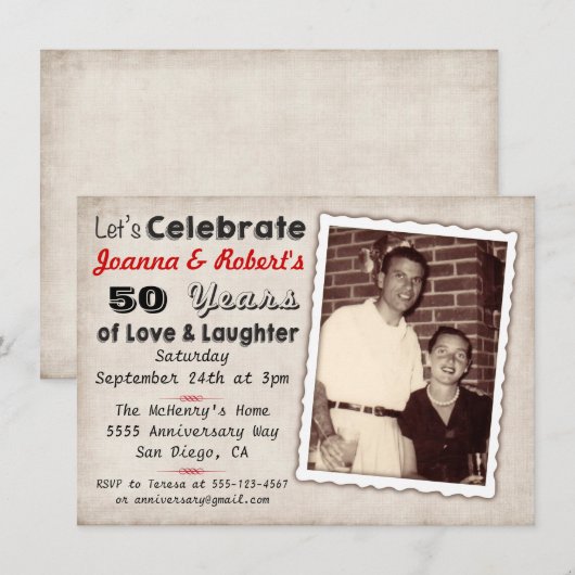 レトロな記念日パーティーの招待状（写真付き） 招待状 (正面/裏面)