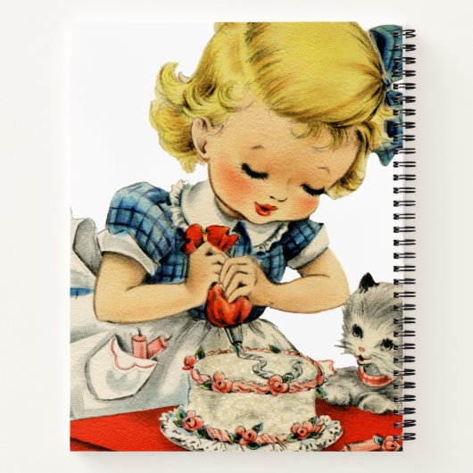 レトロな誕生日の女の子のケーキ猫の子供たちのアートワーク ノートブック (裏面)