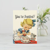 レトロな誕生日の女の子のケーキ猫の子供たちのアートワーク 招待状 (スタンド正面)