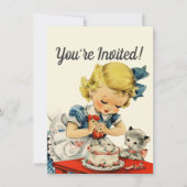 レトロな誕生日の女の子のケーキ猫の子供たちのアートワーク 招待状 (正面)