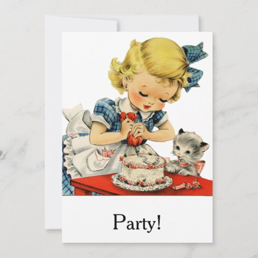 レトロな誕生日の女の子のケーキ猫の子供たちのアートワーク 招待状 (裏面)