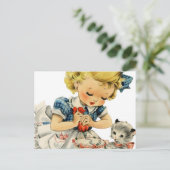 レトロな誕生日の女の子のケーキ猫の子供アートワーク ポストカード (スタンド正面)