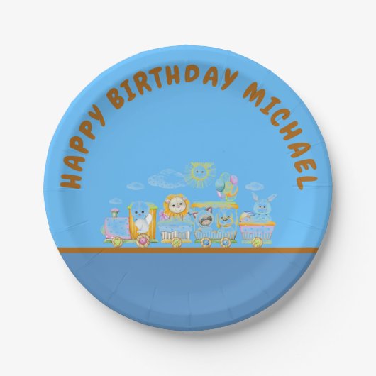 レトロな誕生日アニマルトレイン紙皿 ペーパープレート (正面)
