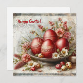 レトロな赤いイースターエッグと水彩春の花 シーズンカード (正面/裏面)