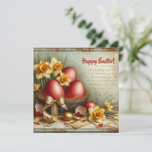 レトロな赤いイースターエッグの水彩画と水仙 シーズンカード (スタンド正面)