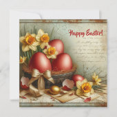 レトロな赤いイースターエッグの水彩画と水仙 シーズンカード (正面)