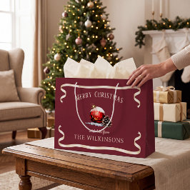レトロな赤いオーナメントと松かさのクリスマス ラージペーパーバッグ