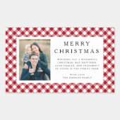 レトロな赤いギンガムチェックのクリスマスフォト 長方形シール (正面)
