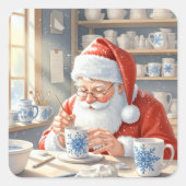 レトロな赤いクリスマスの水彩サンタの工房 スクエアシール (正面)