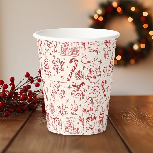 レトロな赤いクリスマス ドゥードル 紙コップ