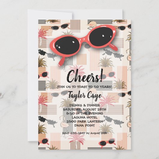 レトロな赤いサングラス バースデー招待状 (正面)