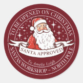 レトロな赤いサンタのギフトラベル 北極のワークショップ ラウンドシール (正面)