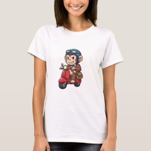 レトロな赤いスクーターに乗るクールモンキーの配達員 Tシャツ