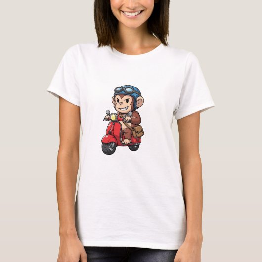 レトロな赤いスクーターに乗るクールモンキーの配達員 Tシャツ (正面)