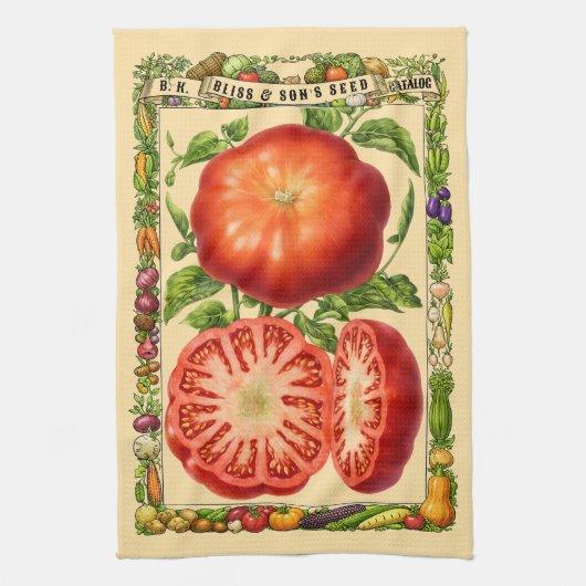 レトロな赤いトマト ビクトリア時代の植物画 キッチンタオル (縦)