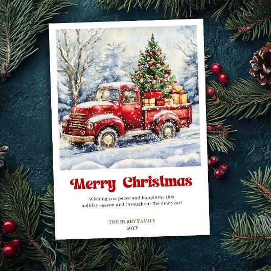 レトロな赤いトラックのクリスマスシーン カードスタイル シーズンカード