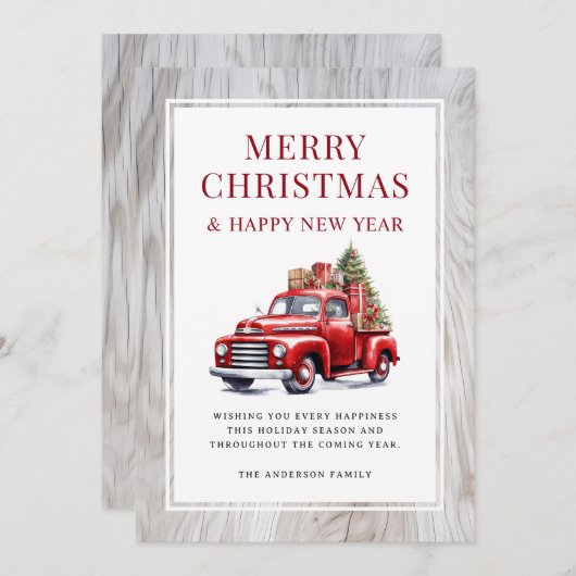 レトロな赤いトラックのクリスマスツリー ラスティックウッドフレーム メリークリスマス シーズンカード (正面/裏面)