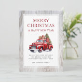 レトロな赤いトラックのクリスマスツリー　ラスティックウッドフレーム　メリークリスマス シーズンカード (スタンド正面)