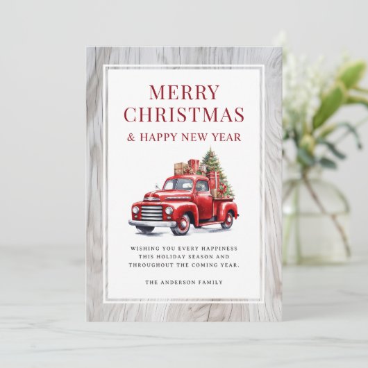 レトロな赤いトラックのクリスマスツリー　ラスティックウッドフレーム　メリークリスマス シーズンカード (スタンド正面)