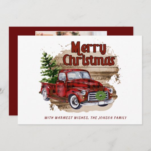 レトロな赤いトラックのクリスマス写真メッセージ シーズンカード (正面/裏面)