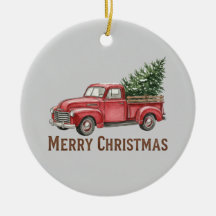 レトロな赤いトラックのクリスマス ファームハウス パイン ツリー