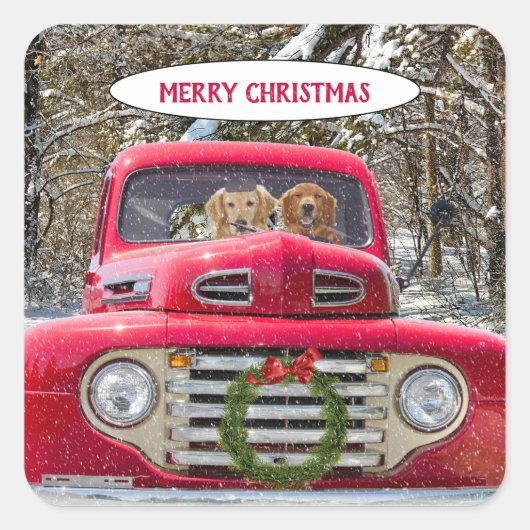 レトロな赤いトラックのメリークリスマス犬 スクエアシール (正面)