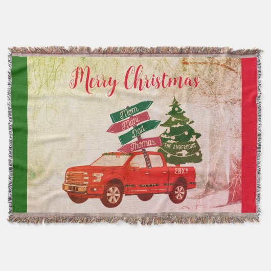 レトロな赤いトラックの家族名のクリスマス スローブランケット (正面)