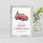 レトロな赤いトラックの木製フレーム メリークリスマスカード シーズンカード (スタンド正面)