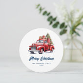 レトロな赤いトラック 青い楽しいクリスマスカード シーズンカード (スタンド正面)
