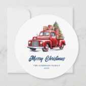 レトロな赤いトラック 青い楽しいクリスマスカード シーズンカード (正面)