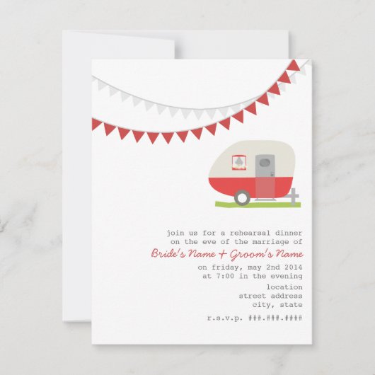 レトロな赤いトレーラーの結婚式リハーサルディナー 招待状 (正面)